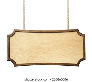 Wood Sign Hanging On Ropes Isolated On White