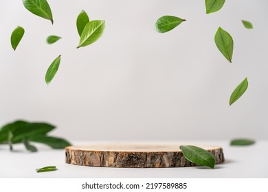 Wood slice podium and green flying leaves on white background. Concept scene stage showcase for new product, promotion sale, banner, presentation, cosmetic. Wooden stand studio empty