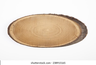 wood slice of a tree trunk sawn on white wooden base