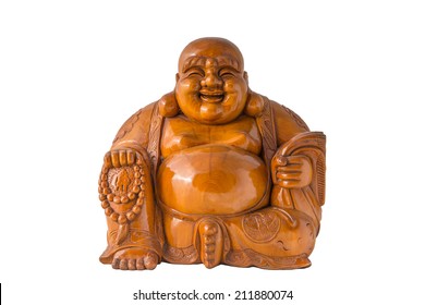 Wood Smiling Buddha with isolated background
