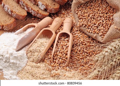 Wood Spoons With Whole Wheat Grains, Wheat Bran And Wheat Flour