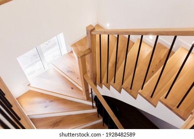 Wood Staircase Inside Contemporary White Modern House.