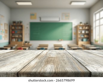 A wood surface is in focus, while a bright classroom with empty desks and a chalkboard is softly blurred in the background, suggesting readiness for learning.