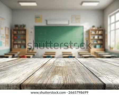 A wood surface is in focus, while a bright classroom with empty desks and a chalkboard is softly blurred in the background, suggesting readiness for learning.