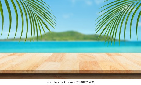 Wood Table Against Scenic View Of The Sea And Blue Sky. For Your Product Placement Or Montage With Focus To The Table Top In The Foreground