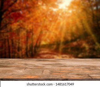 Wood table in autumn landscape with empty copy space for product display.