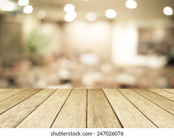 Wood Table Background, Shelf At Cafe Shop,  Perspective Wood Over Blur Cafe With Bokeh Light Background, Table For Product Display, Empty Wooden Counter In Blur White Room For Mockup, Banner, Template