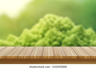 Wood table bar in summer day, and nature background green tree bokeh blurred animated and sun light.