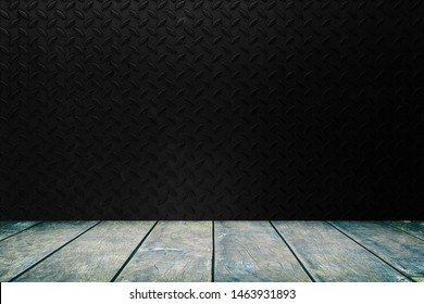 Wood Table With Black Diamond Plate Texture Background, Suitable For Product Presentation Display.