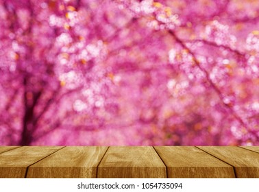 Wood Table Brown Color Cherry Blossom Tree Pink Color Blur Background