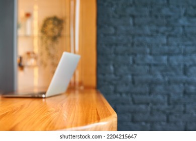 Wood Table Corner Blurred Background Of Free Space And Home Office Interior. Mock-up.