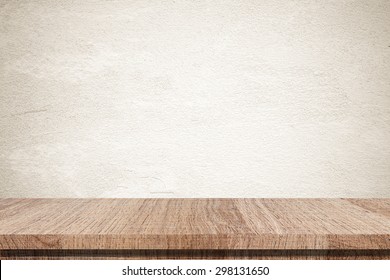 Wood Table And Kitchen Wall Background, Rustic Wood Shelf For Food And Product Display Banner, Empty Wooden Table Top, Desk, Counter Over Vintage Brown Cement Wall In Kitchen Backdrop, Template