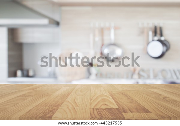 Wood Table Top Blur Kitchen Background Stock Photo (Edit Now) 443217535