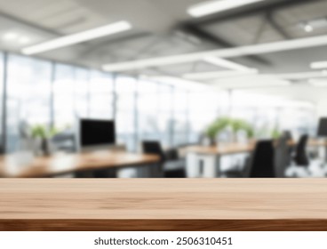 wood table top with blurry office space background