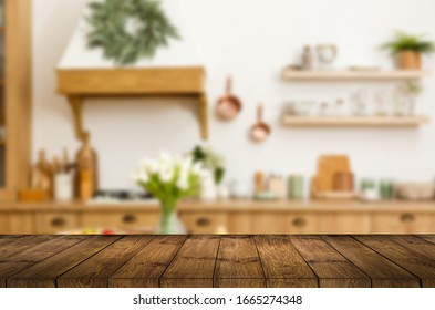 Wood Table Top On Blur Kitchen Room Background .For Montage Product Display Or Design Key Visual Layout.