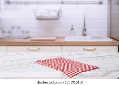 Wood Table Top On Blur Kitchen Room Background. Can Be Used For Display Or Montage Your Products