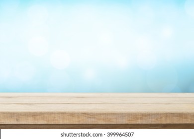 Wood Table Top On Blur Nature Background