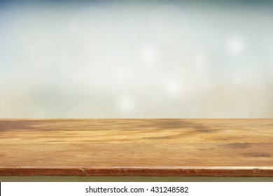 Wood Table Top On Blur Nature Background