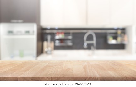 Wood Table Top On Blur Kitchen Room Background .For Montage Product Display Or Design Key Visual Layout.