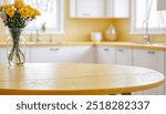 Wood table top on blurred kitchen background. can be used mock up for montage products display or design layout