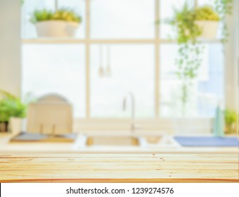 Wood Table Top On Blurred Kitchen Background,