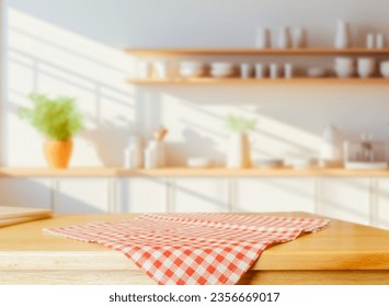 Mesa de madera sobre fondo de cocina borrosa. se puede usar como modelo para mostrar o diseñar productos de montaje	