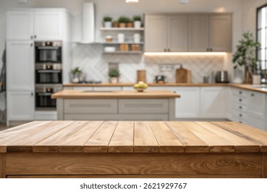 Mesa de madera sobre fondo de cocina borrosa. se puede utilizar maqueta para la exhibición de productos de montaje o diseño	