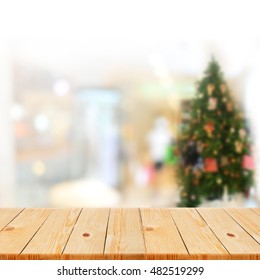 Wood Table Top On Blurred Office Decorated Christmas Background - Can Be Used For Display Or Montage Your Products