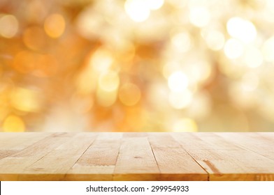 Wood Table Top On Shiny Bokeh Gold Background - Can Be Used For Display Or Montage Your Products