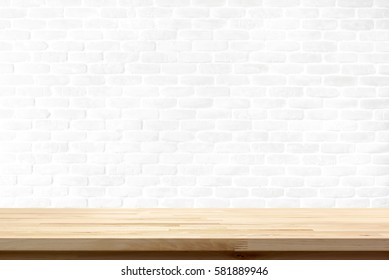 Wood Table Top On White Brick Wall Background - Can Be Used For Display Or Montage Your Products (food)