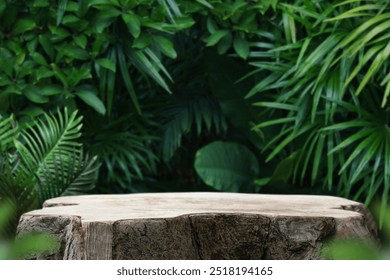 Wood table top podium floor in outdoors tropical garden forest blurred green leaf plant nature background.Natural product placement pedestal stand display,jungle paradise concept. - Powered by Shutterstock