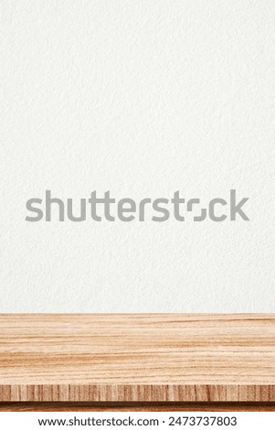 Wood table and white wall background in kitchen, Wooden shelf, counter for food and product display in room background, Wood table top, desk surface banner, mockup, template, vertical