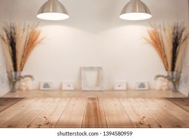 Wood Tabletop Counter With Blur Gallery Living Room Background With Spot Ligthing For Display Product Warm Light Concept