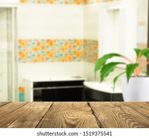 Wood Tabletop On Blur Bathroom Background, Design Key Visual Layout