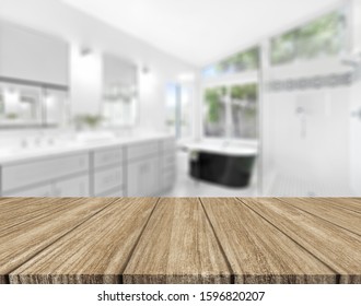 Wood tabletop on blur bathroom background, design key visual layout - Shutterstock ID 1596820207