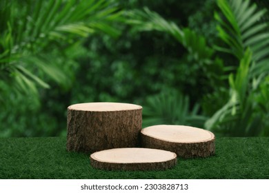 Wood tabletop podium floor in outdoors blur green tropical leaf tropical forest nature landscape background.cosmetic natural product mock up placement pedestal stand display,jungle summer concept. - Shutterstock ID 2303828713