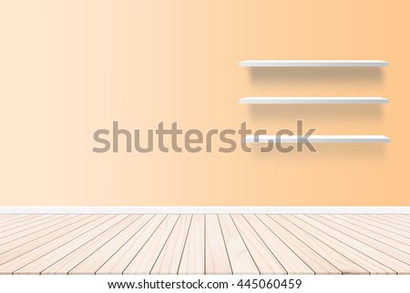 Wood terrace with a background cement wall shelf design ideas within the building.Wood floors on background style pastel shades. Furniture shelf Wall Mounted.The walls orange color.