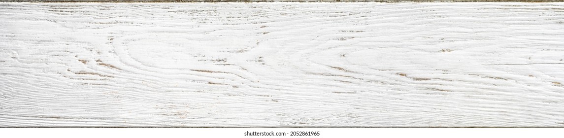 Wood Texture Background From Barn, Top View. Rustic White Wooden Plank With Nature Grain And Pattern. Painted Light Long Board Of Old Wood Table Or Fence. Horizontal Banner With Vintage Wood Surface.