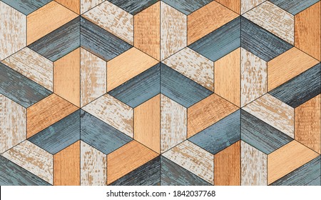 Wood texture background. Weathered wooden wall with geometric pattern. Colorful vintage parquet floor.