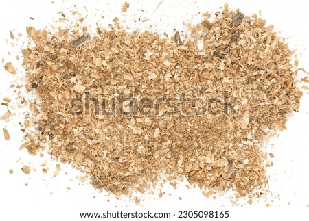 Wood texture shavings and sawdust isolated on white background . Pile of sawdust close up top view.