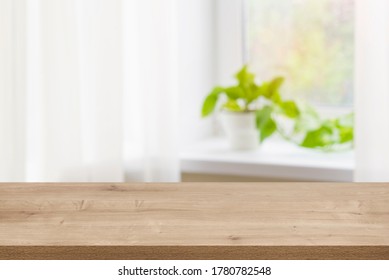 Wood Texture Table On Defocused Summer Window Sill Background.