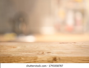 Wood Texture Table Top  And Blur Counter Bar Background.For Montage Product Display Or Design Key Visual Layout