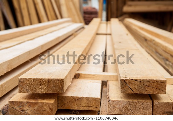 Wood timber in the\
sawmill.