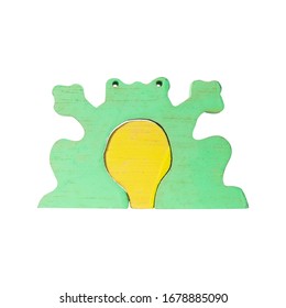 Wood Toy Puzzle Frog Shape Isolated On White Background