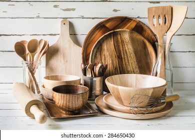 Wood Utensils On Wood Table Background