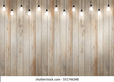 Wood Wall With Bulb Lights Lamp. Nice Brick Show Room With Spotlights. 