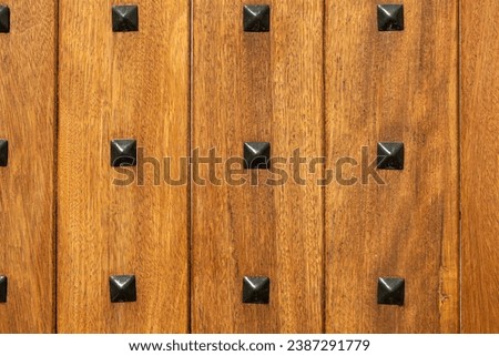 Wood wall texture. Abstract background of wooden door surface with black iron rivets, nails.