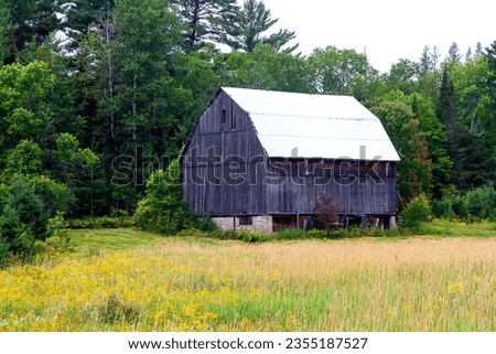 Wood wooden barn. White roof. Late summer early fall. Rustic. Country. Countryside. Rural. Traditional. Farm. Woods. Field. Meadow. Trees. Scenic. Tree line.