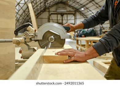 Wood wooden modular houses made of timber yellow board saw processing hands nail grind - Powered by Shutterstock