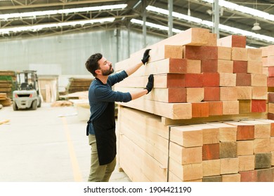 Wood worker checking a pile of wooden bars in a warehouse. Handsome carpenter grabbing a wood board to build a piece of furniture in a woodshop